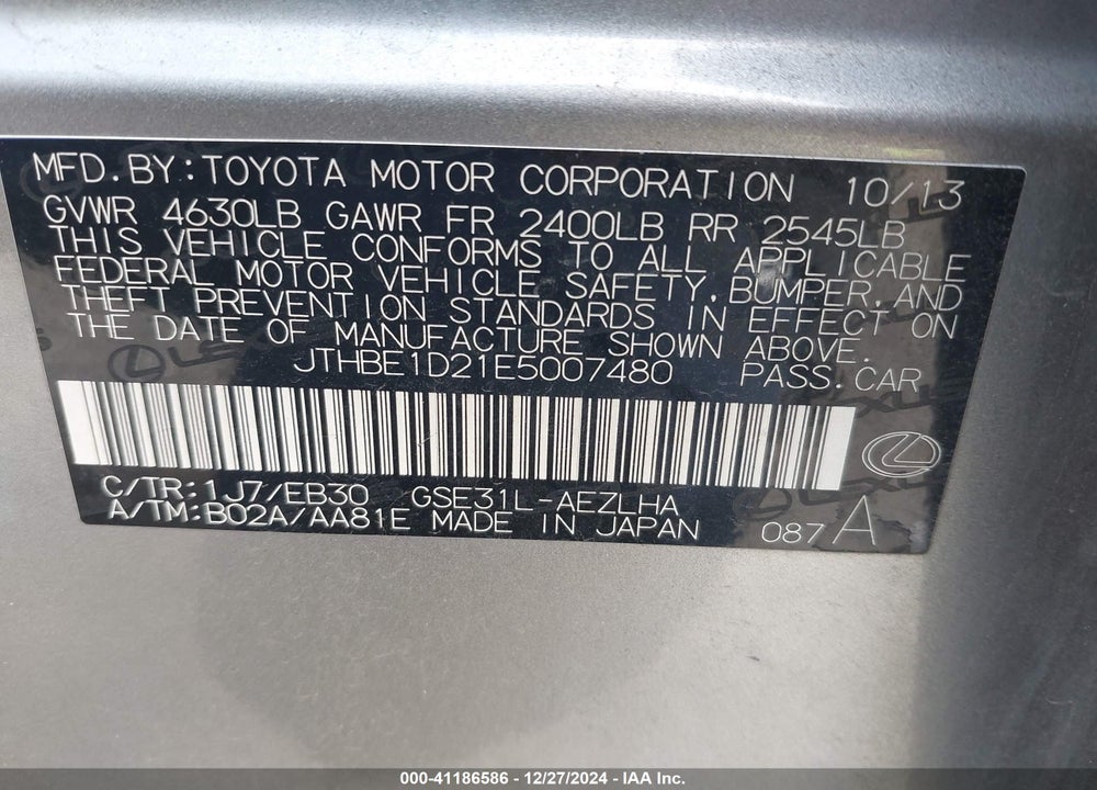 2014 LEXUS IS 350 VIN: JTHBE1D21E5007480