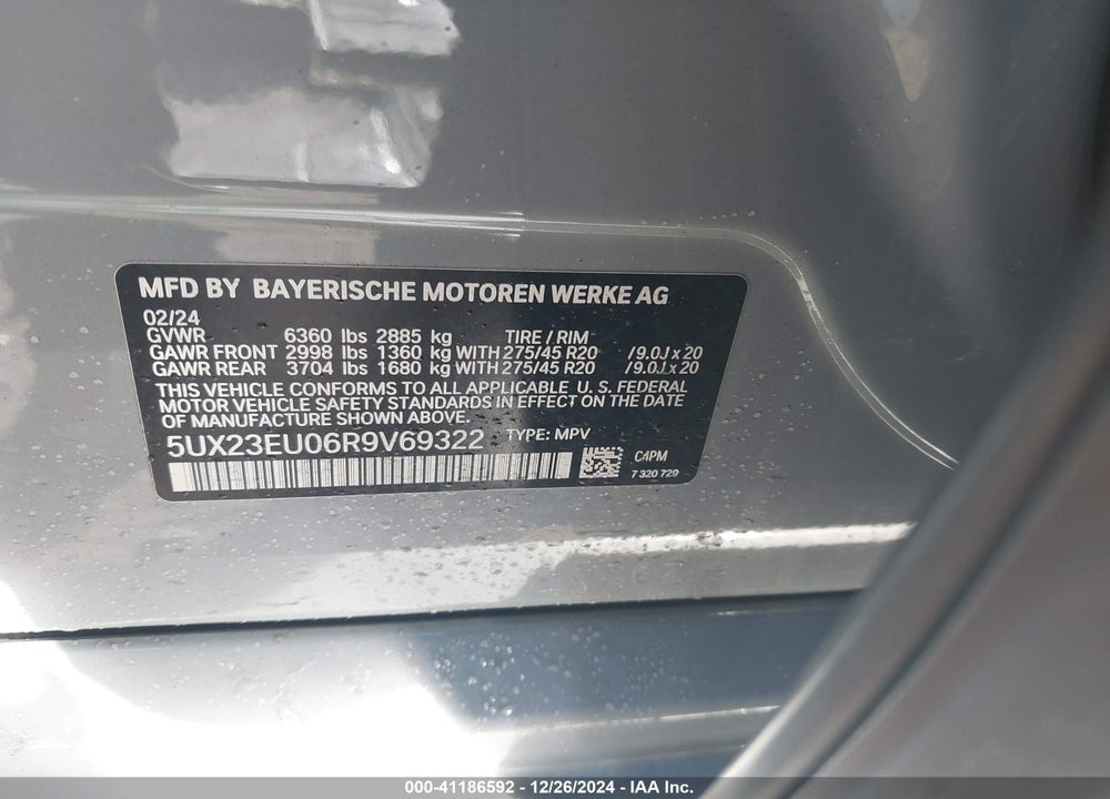2024 BMW X5 XDRIVE40I VIN: 5UX23EU06R9V69322