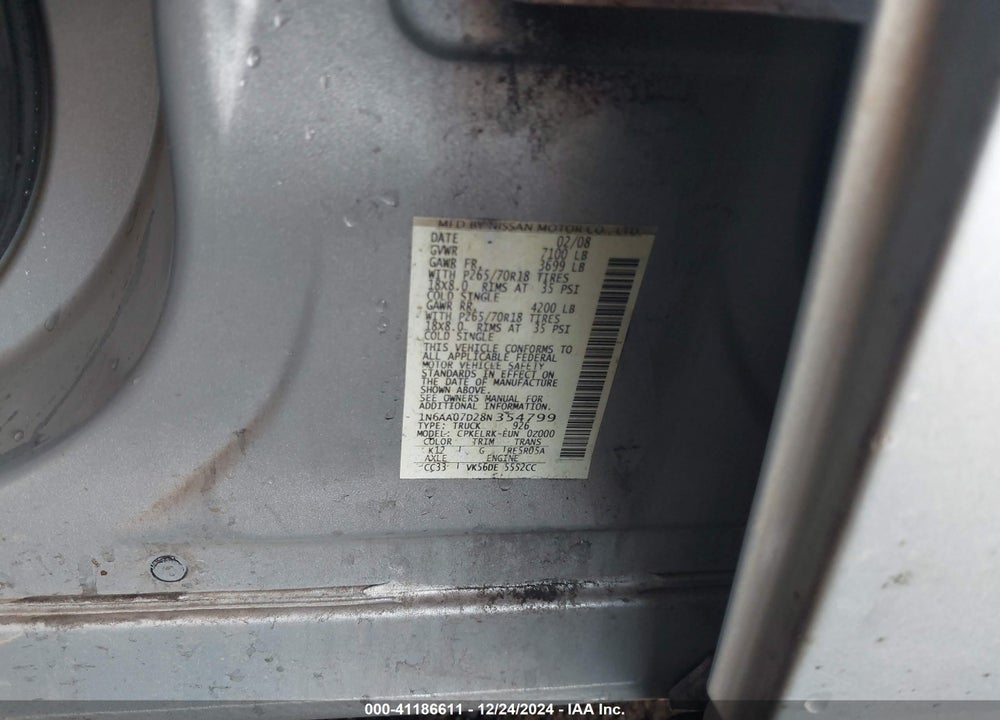 2008 NISSAN TITAN VIN: 1N6AA07D28N354799
