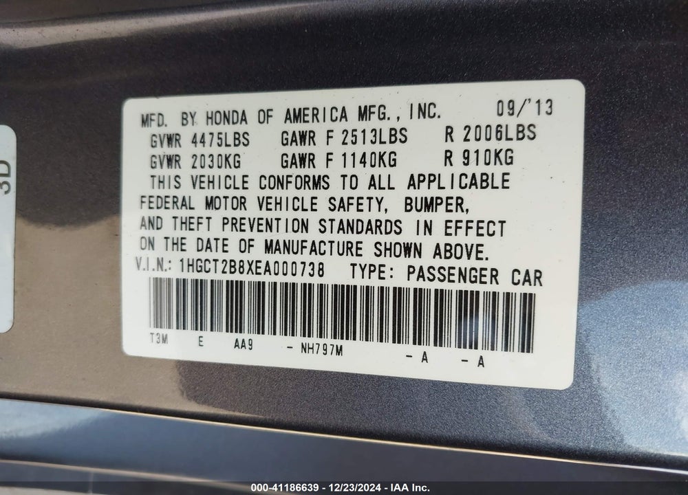 2014 HONDA ACCORD VIN: 1HGCT2B8XEA000738