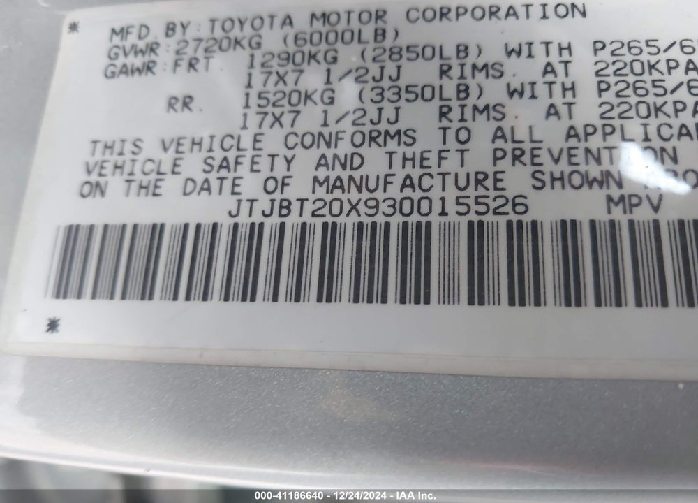2003 LEXUS GX 470 VIN: JTJBT20X930015526