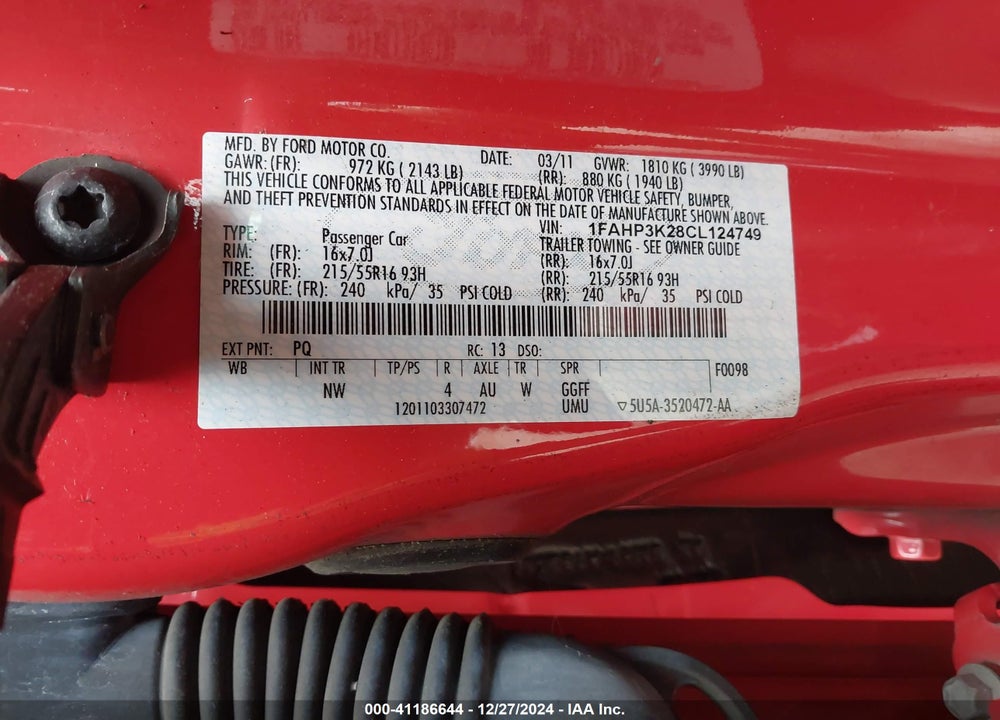2012 FORD FOCUS SE VIN: 1FAHP3K28CL124749
