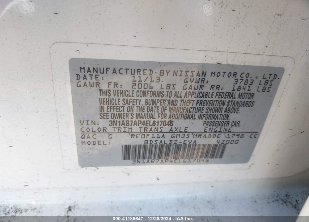 2014 NISSAN SENTRA VIN: 3N1AB7AP4EL617045
