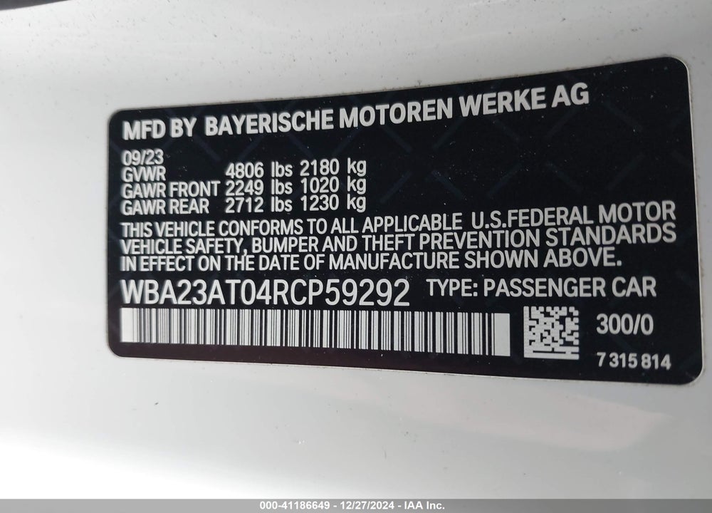 2024 BMW 4 SERIES 430I VIN: WBA23AT04RCP59292
