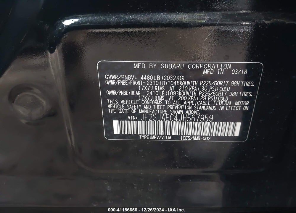 2018 SUBARU FORESTER VIN: JF2SJAEC4JH567959