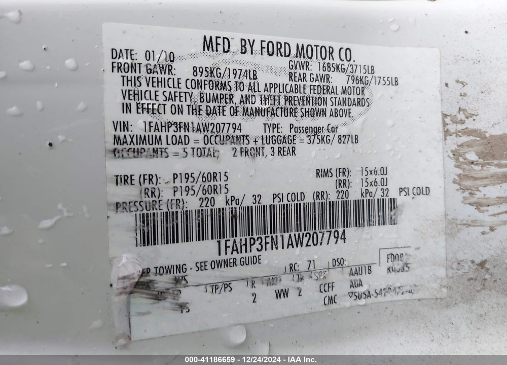 2010 FORD FOCUS VIN: 1FAHP3FN1AW207794