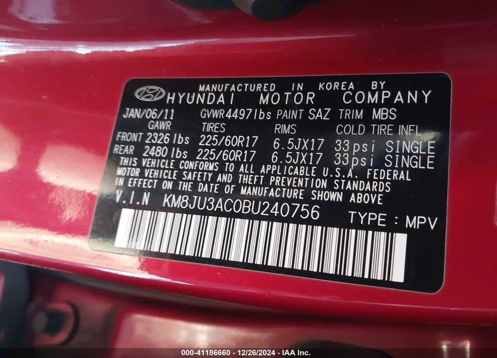 2011 HYUNDAI TUCSON GLS VIN: KM8JU3AC0BU240756