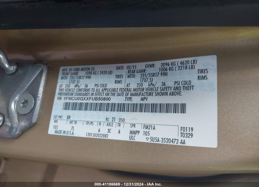 2015 FORD ESCAPE SE VIN: 1FMCU0GXXFUB50800