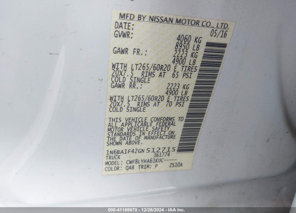 2016 NISSAN TITAN XD PLATINUM RESERVE DIESEL VIN: 1N6BA1F42GN512715