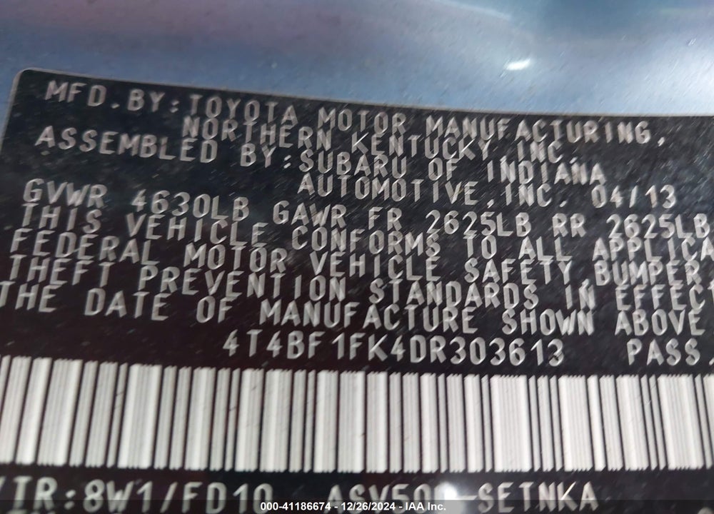 2013 TOYOTA CAMRY VIN: 4T4BF1FK4DR303613