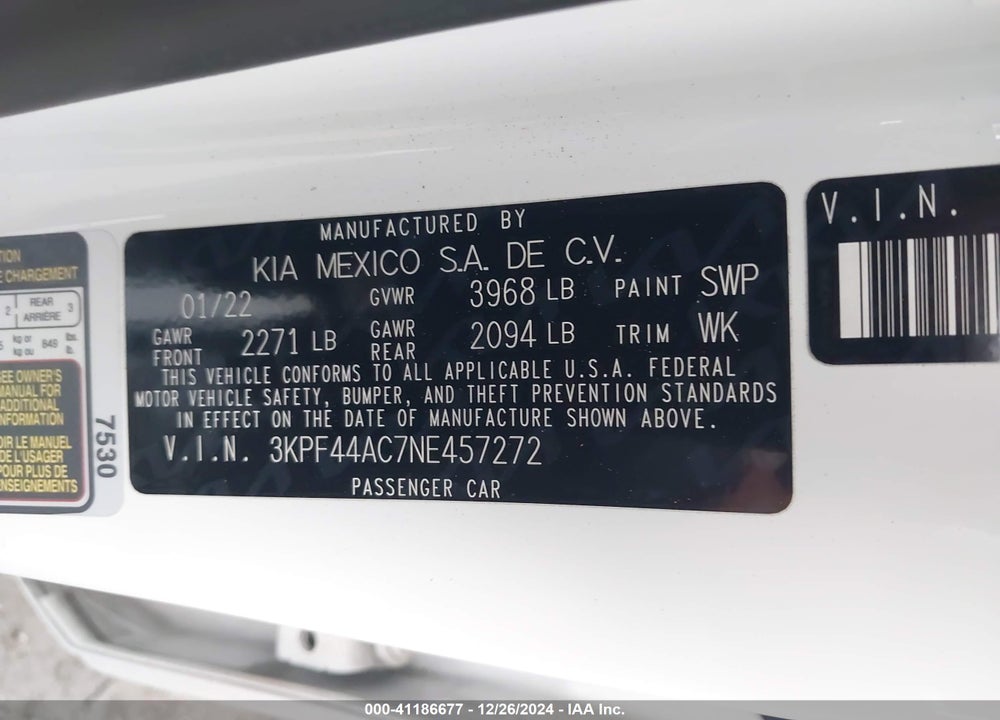 2022 KIA FORTE GT VIN: 3KPF44AC7NE457272