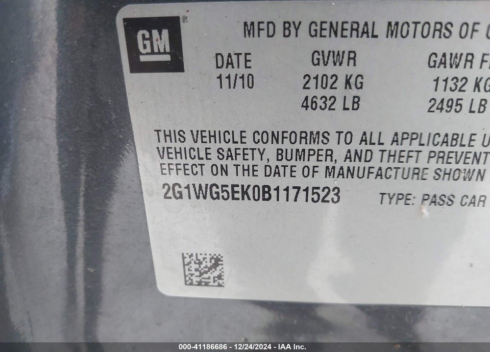 2011 CHEVROLET IMPALA LT VIN: 2G1WG5EK0B1171523