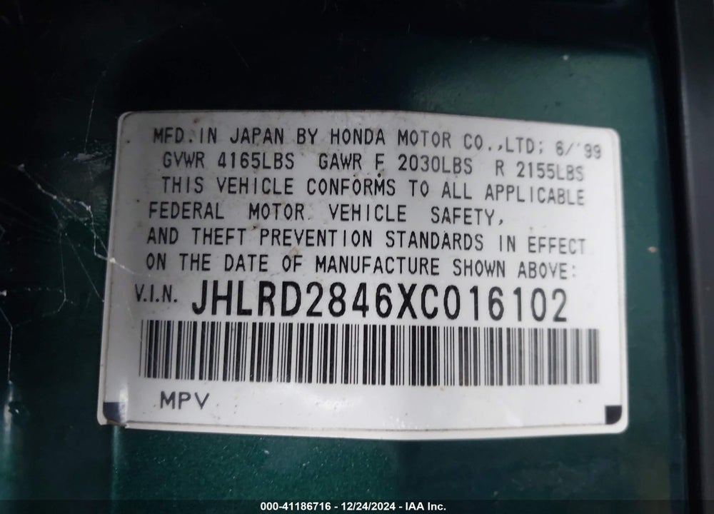 1999 HONDA CR-V LX VIN: JHLRD2846XC016102