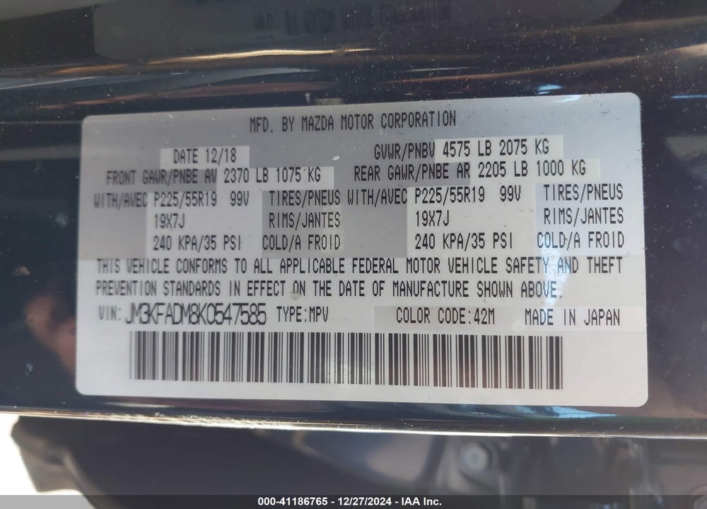 2019 MAZDA CX-5 VIN: JM3KFADM8K0547585