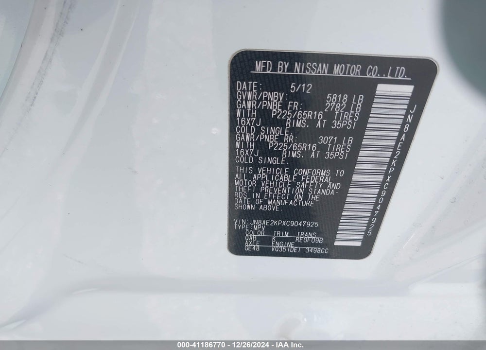2012 NISSAN QUEST SV VIN: JN8AE2KPXC9047925