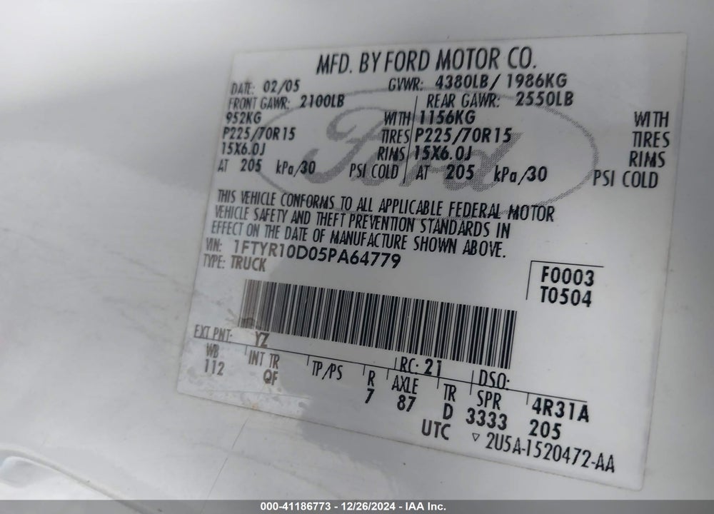 2005 FORD RANGER XL/XLS/XLT VIN: 1FTYR10D05PA64779