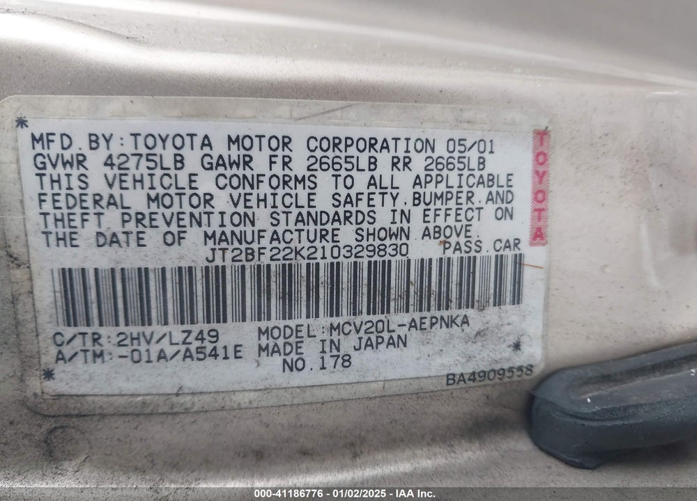 2001 TOYOTA CAMRY LE V6 VIN: JT2BF22K210329830