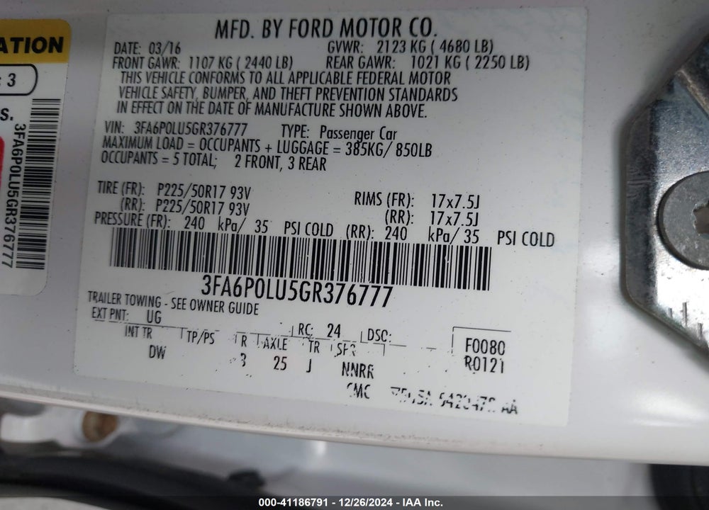 2016 FORD FUSION VIN: 3FA6P0LU5GR376777
