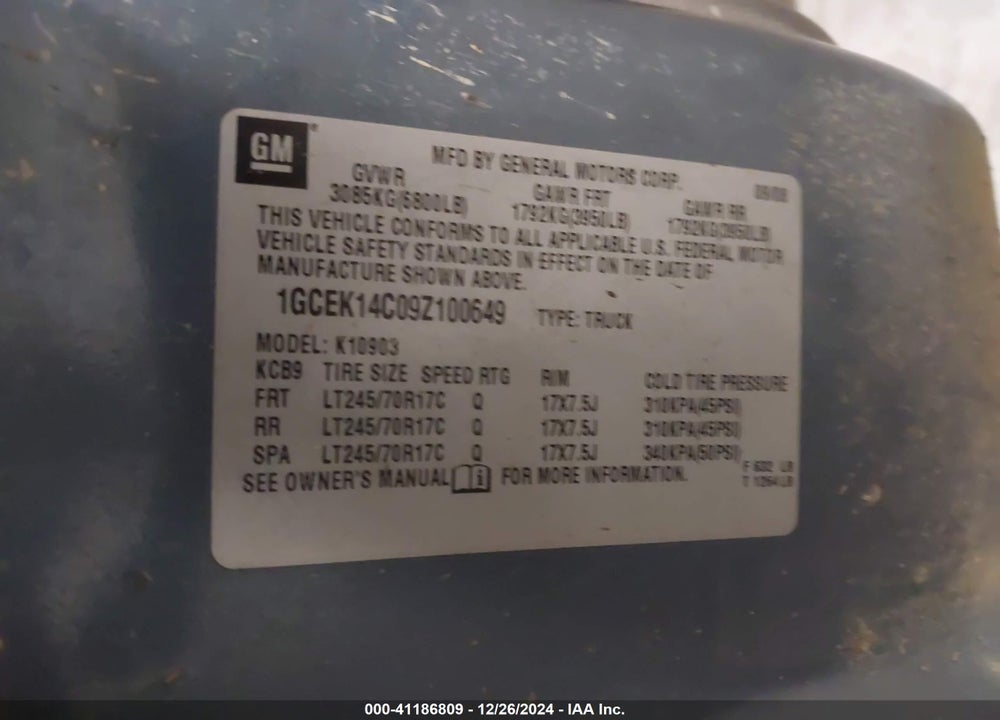 2009 CHEVROLET SILVERADO 1500 WORK TRUCK VIN: 1GCEK14C09Z100649