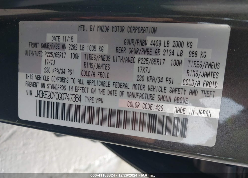 2016 MAZDA CX-5 TOURING VIN: JM3KE2CY0G0747364