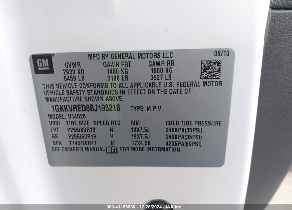 2011 GMC ACADIA SLT-1 VIN: 1GKKVRED8BJ193218