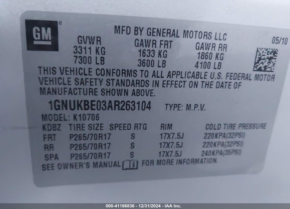 2010 CHEVROLET TAHOE LT VIN: 1GNUKBE03AR263104