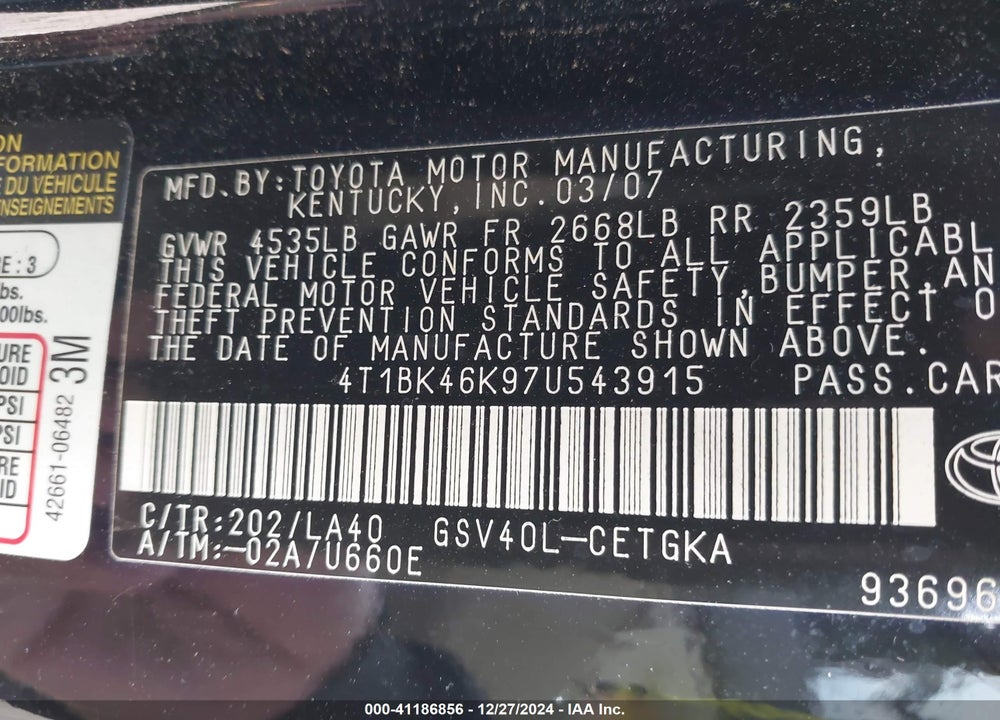 2007 TOYOTA CAMRY XLE V6 VIN: 4T1BK46K97U543915