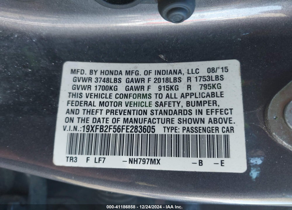 2015 HONDA CIVIC LX VIN: 19XFB2F56FE283605