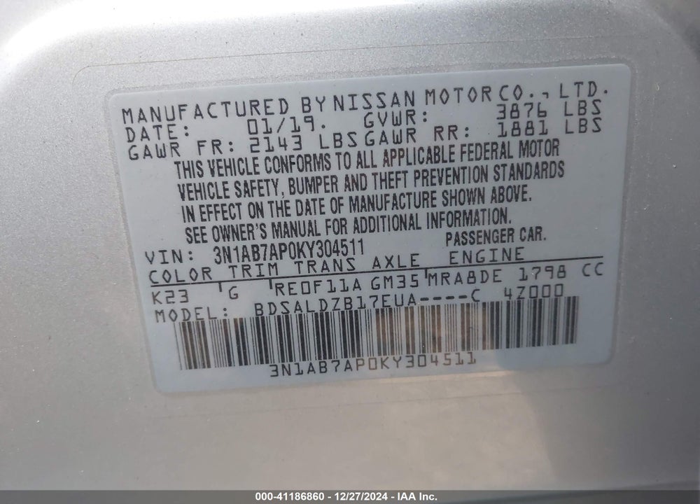 2019 NISSAN SENTRA SV VIN: 3N1AB7AP0KY304511