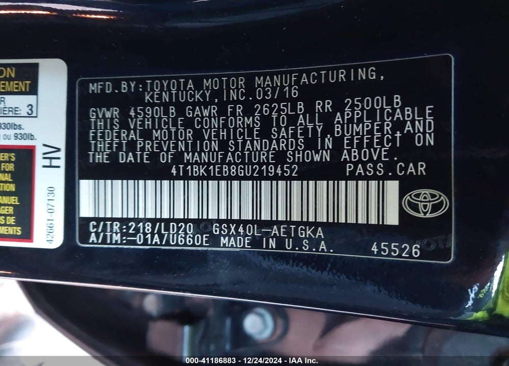 2016 TOYOTA AVALON VIN: 4T1BK1EB8GU219452