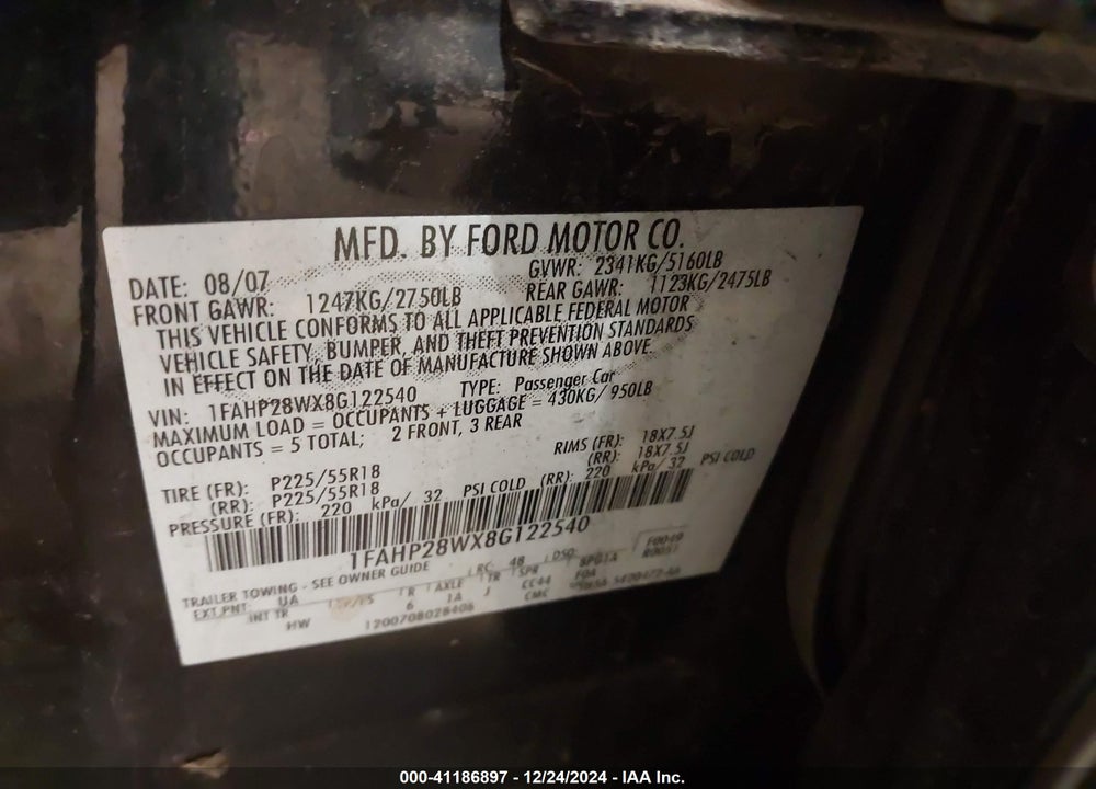 2008 FORD TAURUS LIMITED VIN: 1FAHP28WX8G122540