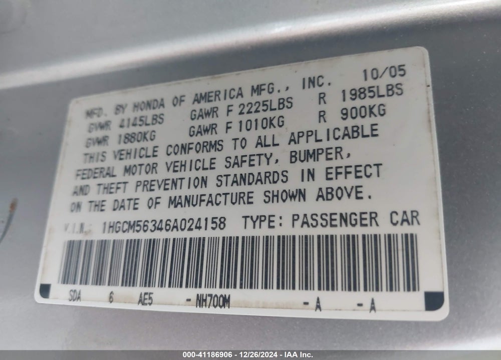 2006 HONDA ACCORD 2.4 SE VIN: 1HGCM56346A024158