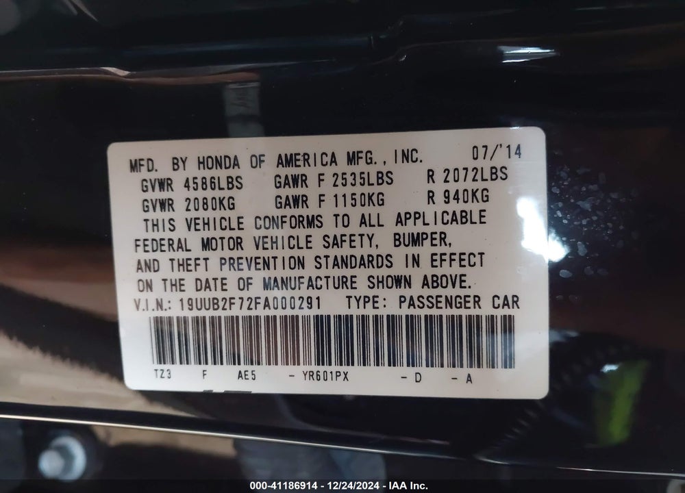 2015 ACURA TLX V6 ADVANCE VIN: 19UUB2F72FA000291