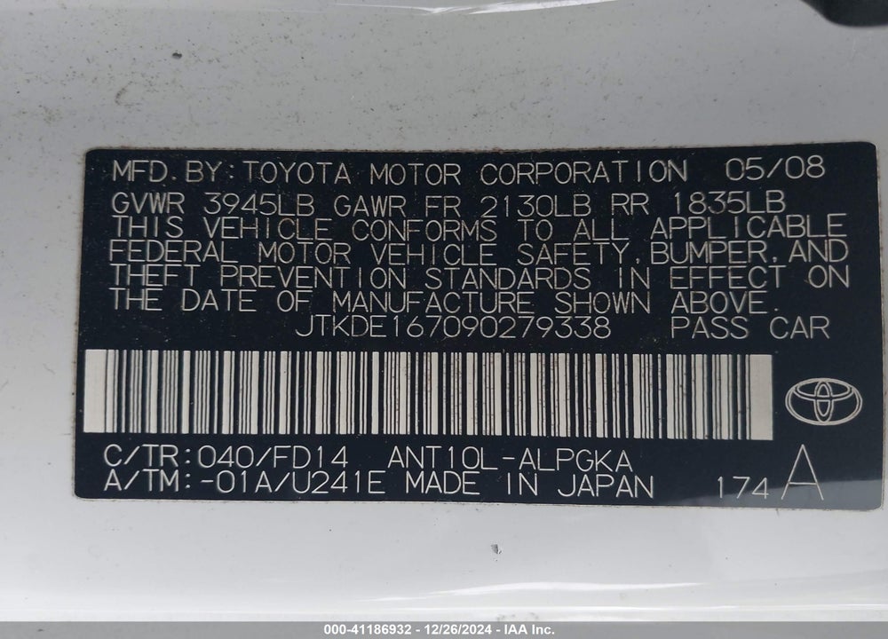 2009 SCION TC VIN: JTKDE167090279338