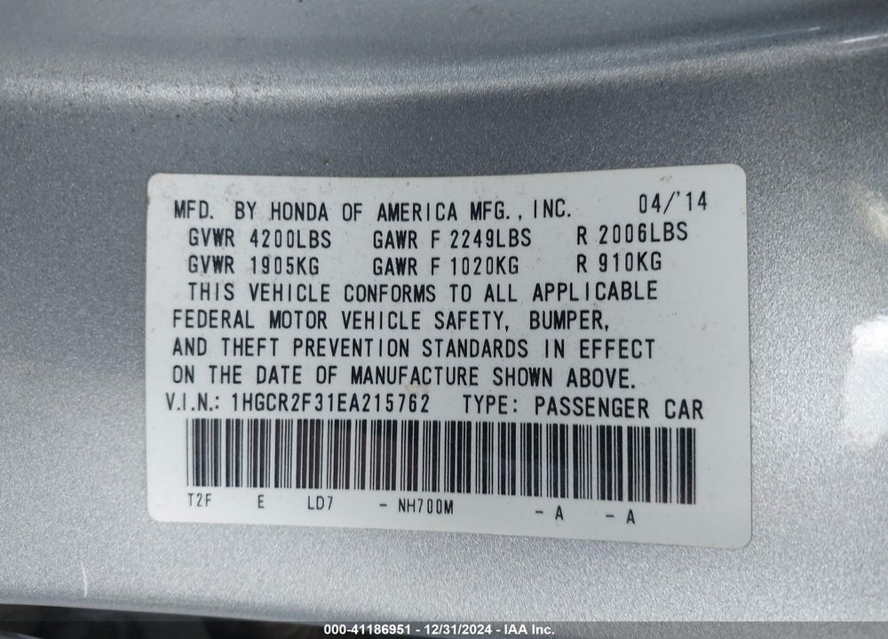 2014 HONDA ACCORD LX VIN: 1HGCR2F31EA215762