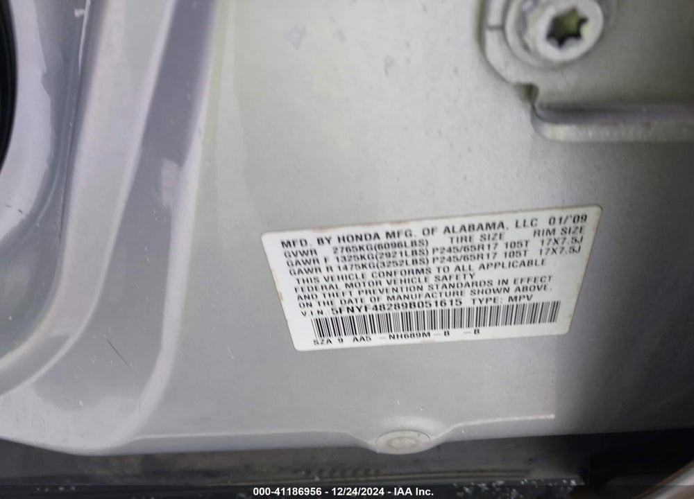 2009 HONDA PILOT LX VIN: 5FNYF48289B051615