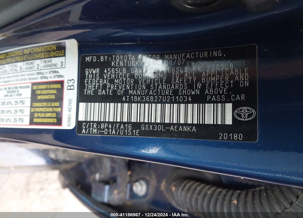2007 TOYOTA AVALON XL VIN: 4T1BK36B27U211034