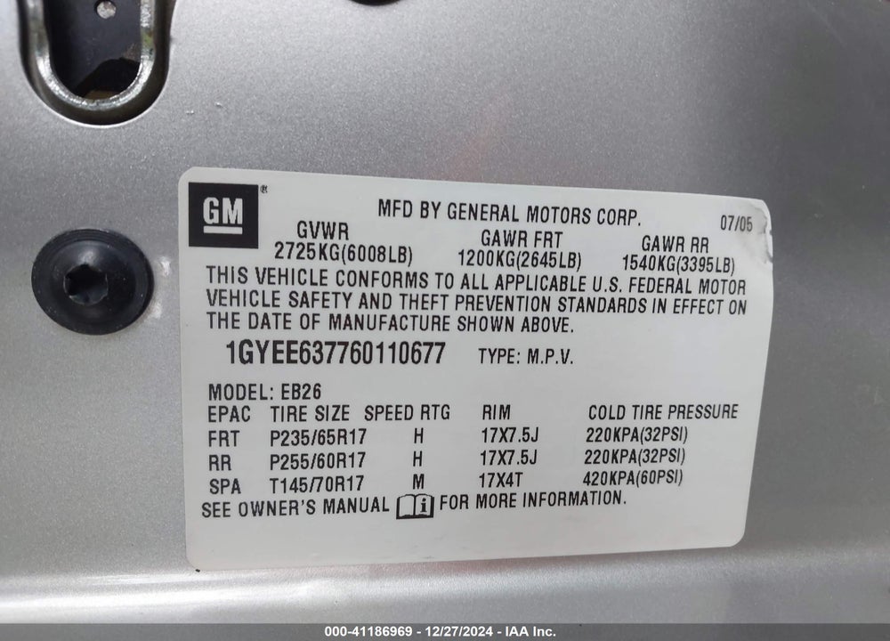 2006 CADILLAC SRX V6 VIN: 1GYEE637760110677