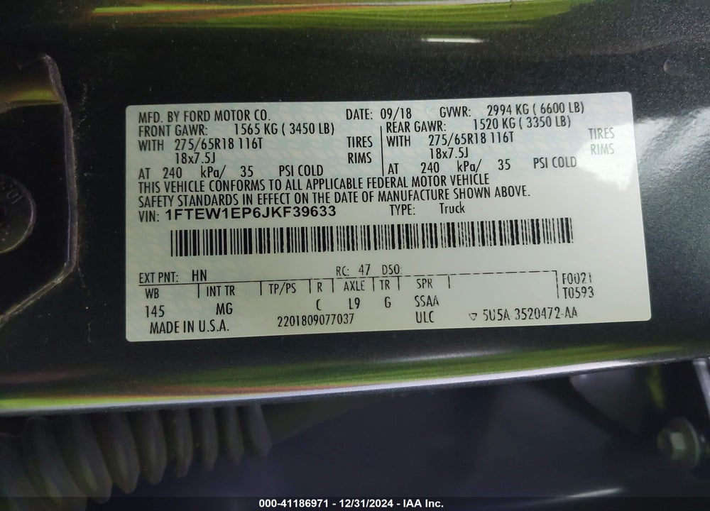 2018 FORD F-150 XLT VIN: 1FTEW1EP6JKF39633