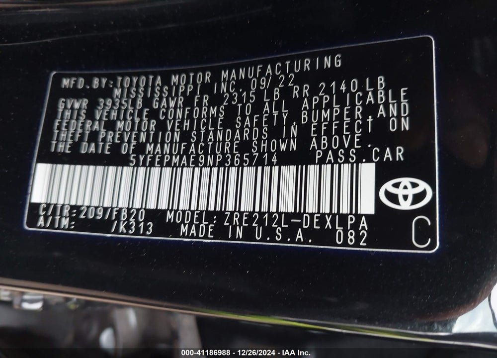 2022 TOYOTA COROLLA VIN: 5YFEPMAE9NP365714