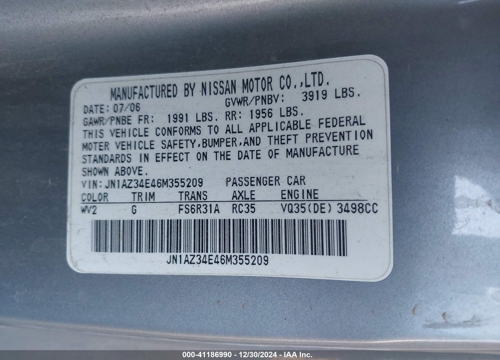 2006 NISSAN 350Z GRAND TOURING VIN: JN1AZ34E46M355209