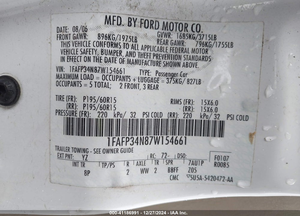 2007 FORD FOCUS S/SE/SES VIN: 1FAFP34N87W154661