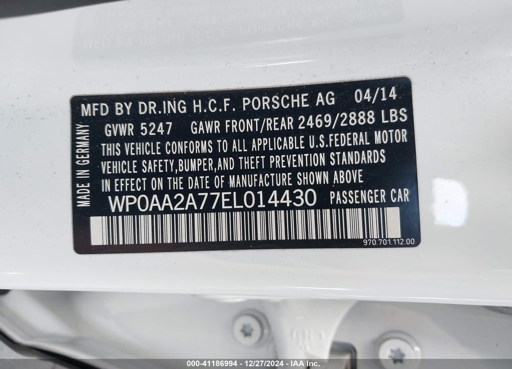 2014 PORSCHE PANAMERA 4 VIN: WP0AA2A77EL014430