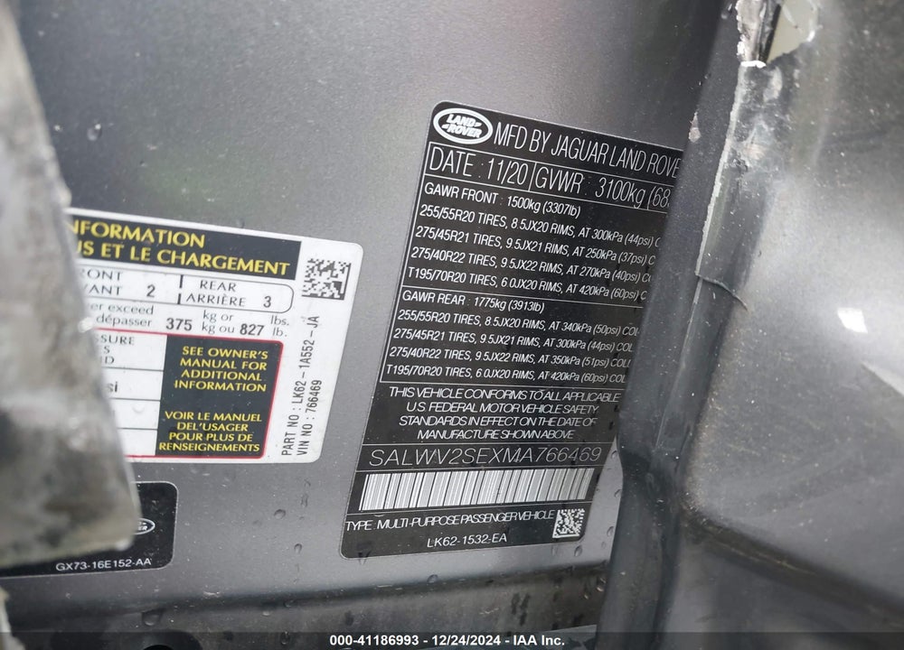 2021 LAND ROVER RANGE ROVER SPORT VIN: SALWV2SEXMA766469