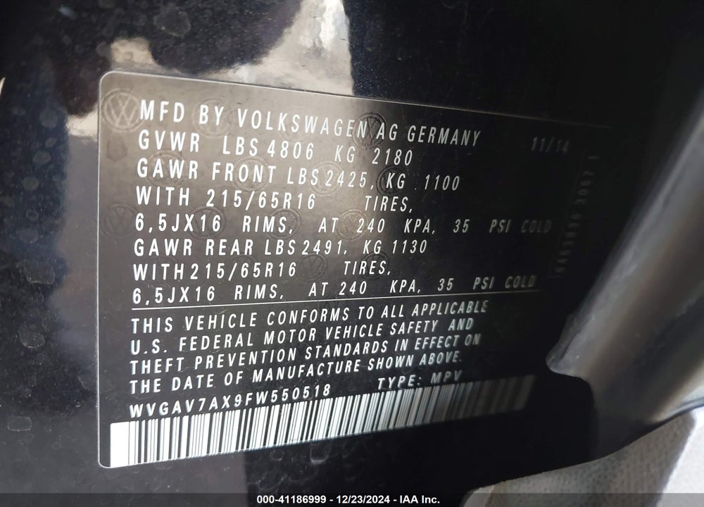 2015 VOLKSWAGEN TIGUAN S VIN: WVGAV7AX9FW550518