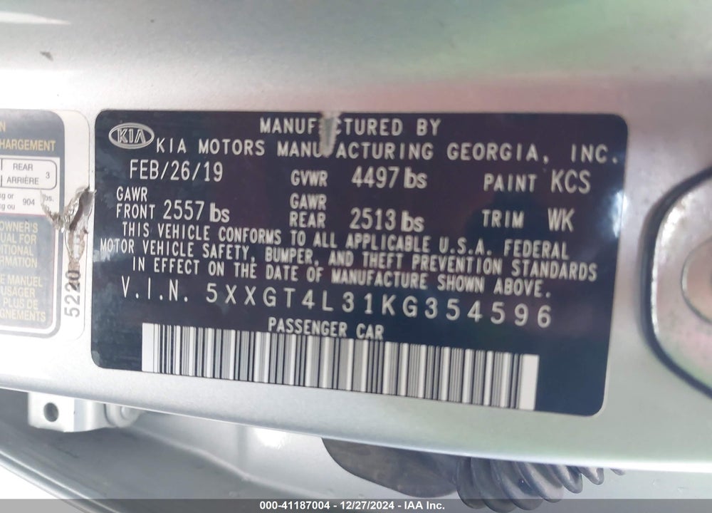 2019 KIA OPTIMA VIN: 5XXGT4L31KG354596