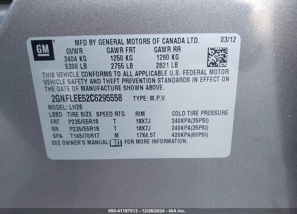2012 CHEVROLET EQUINOX 1LT VIN: 2GNFLEE52C6295558