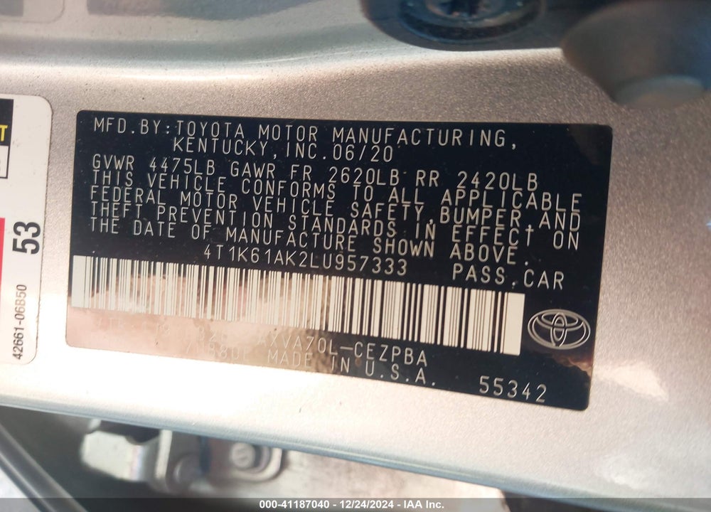 2020 TOYOTA CAMRY VIN: 4T1K61AK2LU957333