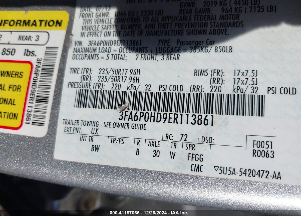 2014 FORD FUSION SE VIN: 3FA6P0HD9ER113861