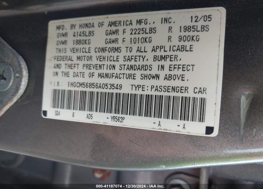 2006 HONDA ACCORD 2.4 EX VIN: 1HGCM56856A053549